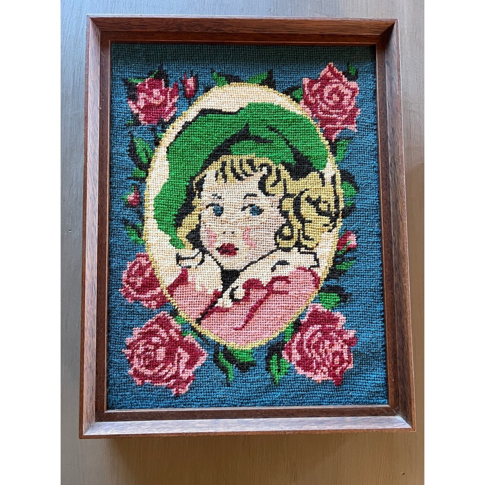 Vintage Framed Needlepoint Girl Pink Roses 13x10 Floral Cottagecore MCM Textileโ